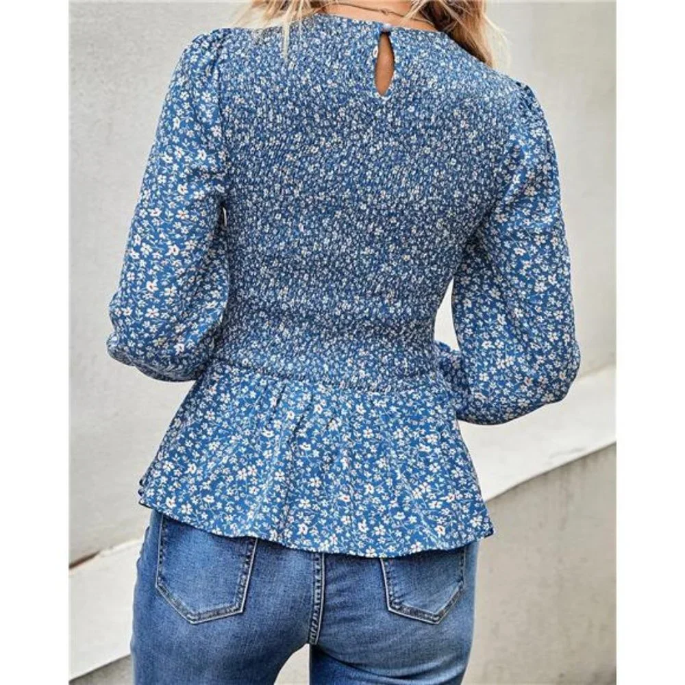 Women's Long Sleeve Crewneck Floral Print Smocked Ruffle Hem Blouse Shirt Tunics_5